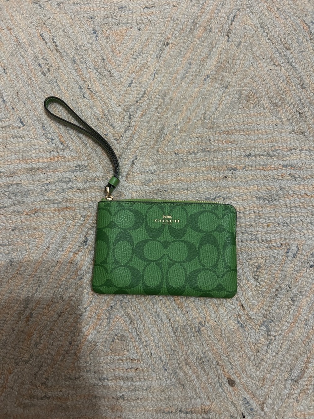 Coach Green Signature Wristlet Pouch with Gold Hardware